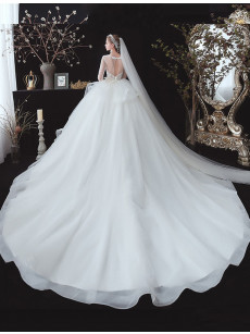 A-line Long Sleeves Ruched Wedding Dresses, Lace Chapel Train Bridal Dresses GW-034