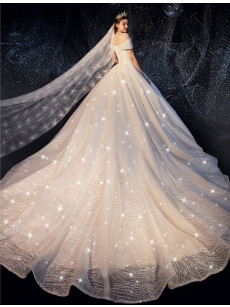 A-line Bateau Lace Wedding Dresses, Off the Shoulder Star Twinkle Bridal Gowns GW-029