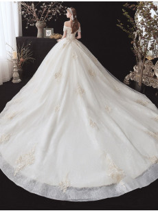A-line Lace Wedding Dresses, Off the Shoulder Chapel Train Bridal Gowns GW-025
