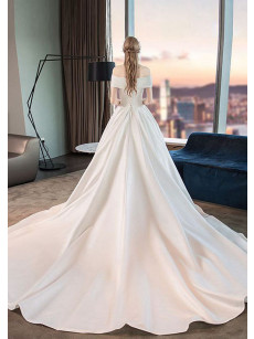 Elegant Satin Brush Train bridel Dresses Church Bateau Wedding Dresses GW-005