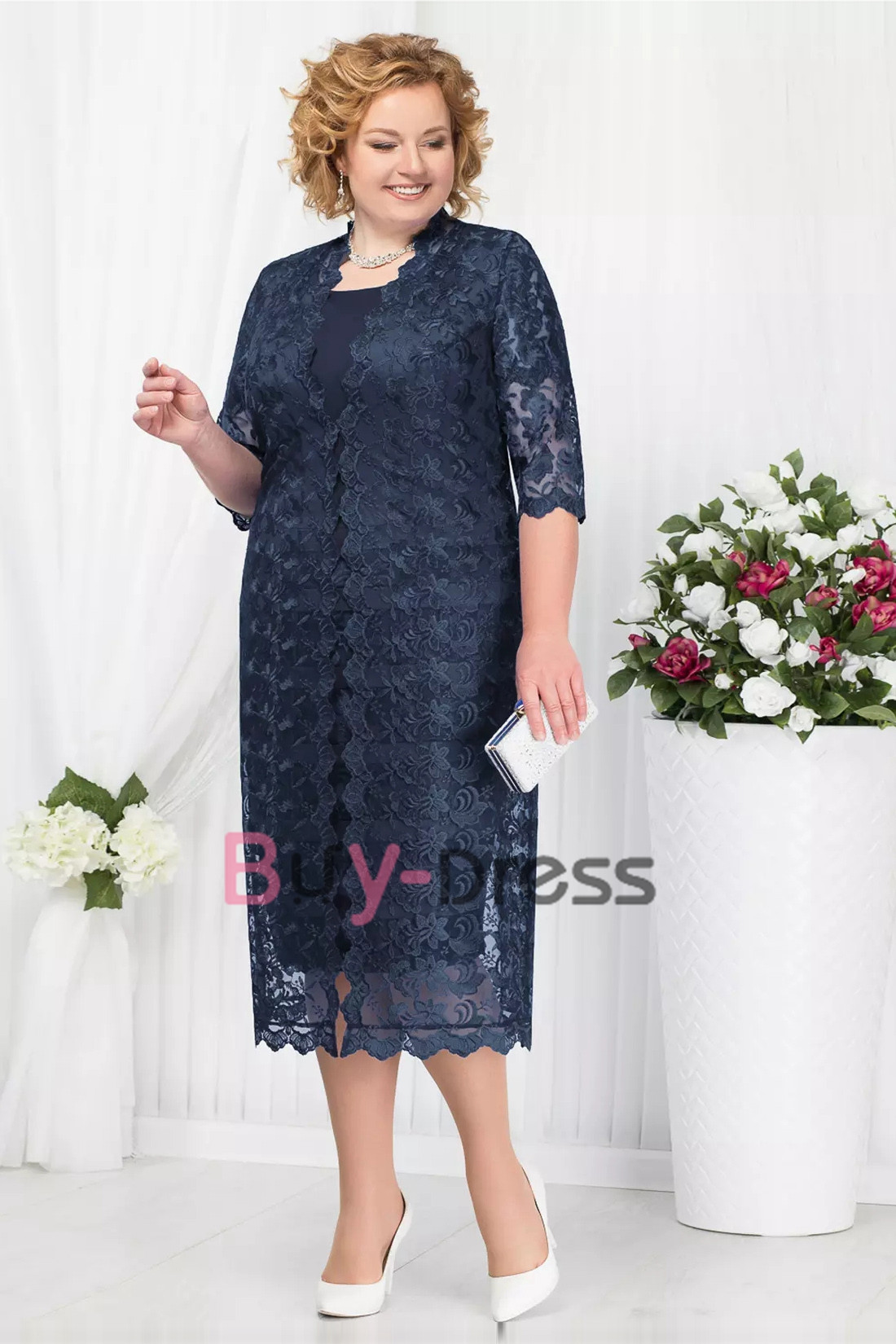 Plus size Tea-Length Mother of the Bride Dress with Lace Jacket Women's ...