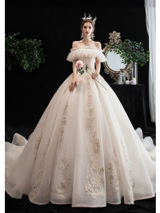 2022 Elegant Brush Train Wedding Dresses Church Bateau Bride Dresses GW-003