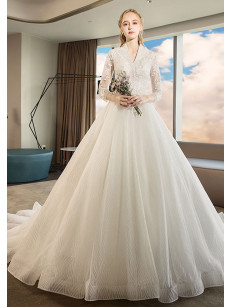 2022 Elegant Brush Train Wedding Dresses Church V-Neck bridal Dresses with Sleeves GW-004