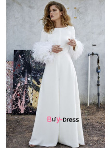 2023 Dressy empire wide leg bride dress jumpsuits, long sleeves with feathers wedding dress jumpsuits bds-0015