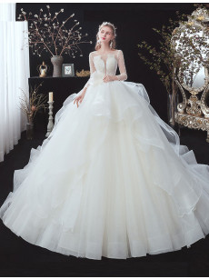 A-line Long Sleeves Ruched Wedding Dresses, Lace Chapel Train Bridal Dresses GW-034