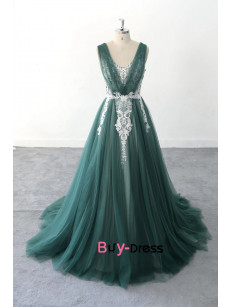 Green Brush Train Wedding Dresses, Full Length Delicate dresses, Ball Gown Prom Dresses bjp-0029