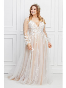 Plus Size Beautiful Deep V-Neck Tulle Appliques Wedding Dress with Long Sleeves Ivory & Blush PWD2223