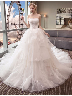 Strapless Chapel Train Wedding Dresses, A-line Bride Ball Gown Dresses GW-016