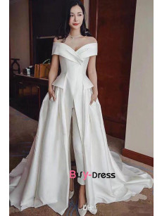 Sweetheart Off the Shoulder Wedding Jumpsuit Dresses, A-Line Brush Train Bridal Jumpsuit Dresses with Pockets bjp-0060