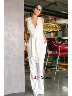 V-neck White Jumpsuit, Luxury Bridal Jumpsuit, Designer Jumpsuit by Caramella bjp-0043