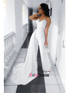 White Sweetheart Wedding Jumpsuits, Reception Jumpsuits, prom Jumpsuits with tail, White Wedding romper bjp-0052